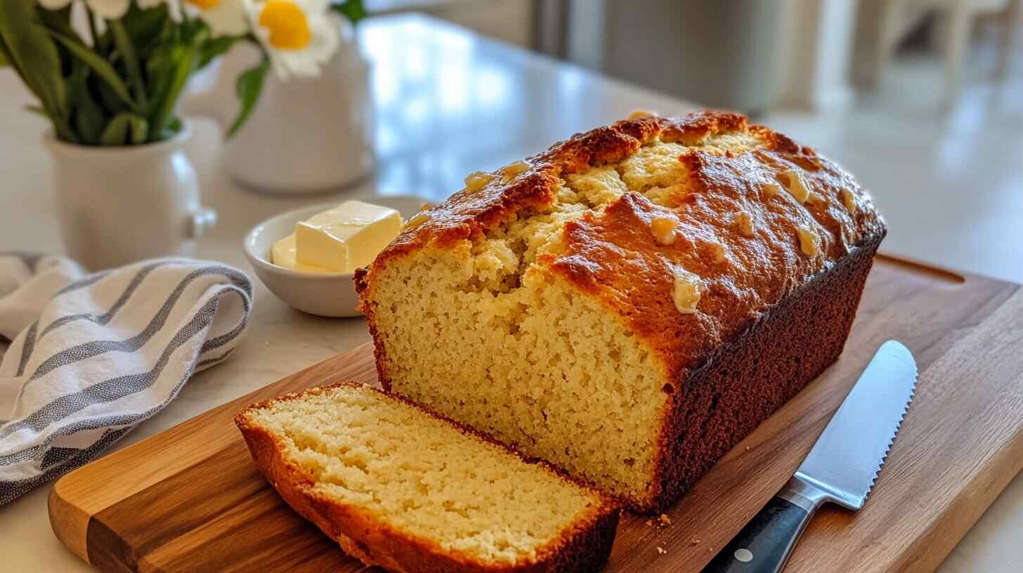 A golden loaf of banana bread sliced to reveal a fluffy, moist interior on a wooden cutting board