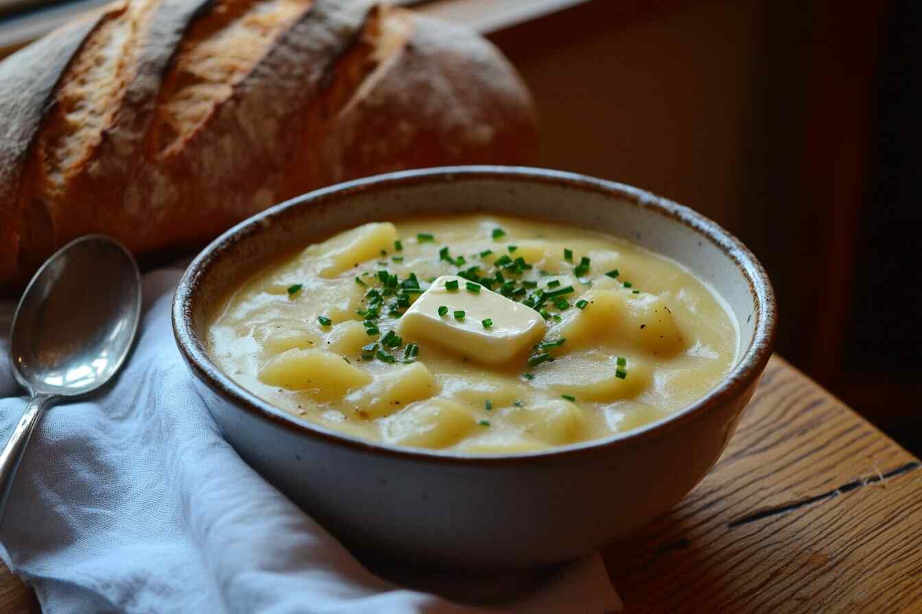 A bowl of creamy potato soup topped with butter and chives on a rustic table