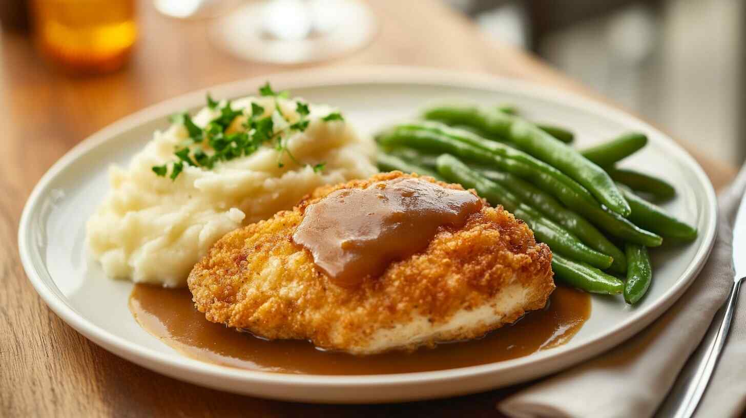 Air-fried chicken breast with mashed potatoes, green beans, and gravy, plated on a white dish with stainless-steel cutlery on a wooden table