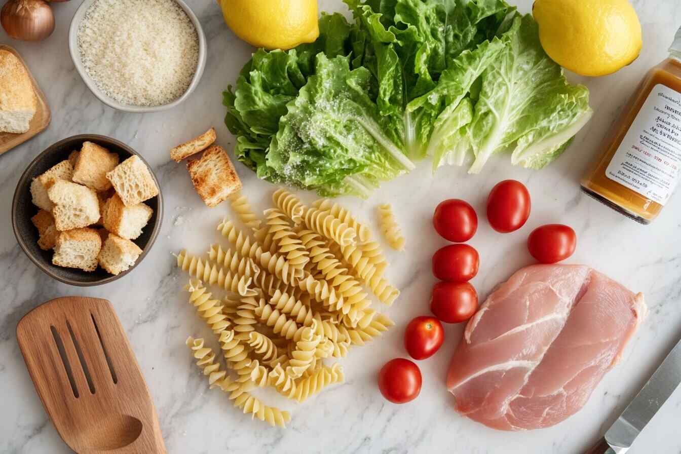 Caesar-Pasta-Salad-Essentials Ingredients for Caesar pasta salad including rotini pasta, lettuce, tomatoes, croutons, Caesar dressing, Parmesan, lemon, and chicken breasts