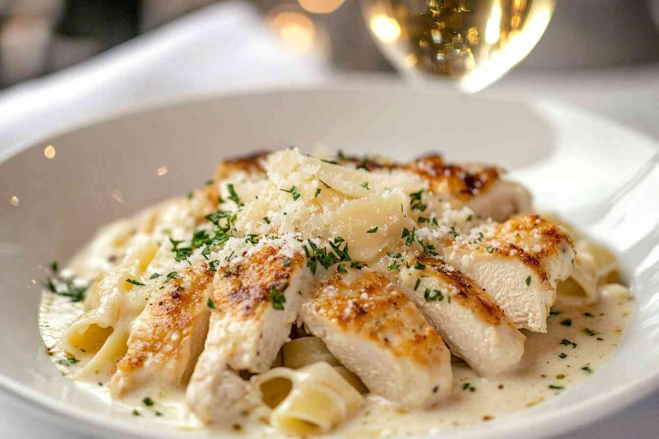 A plated dish of Garlic Parmesan Chicken Pasta topped with golden chicken slices, Parmesan, and parsley, served on a white plate