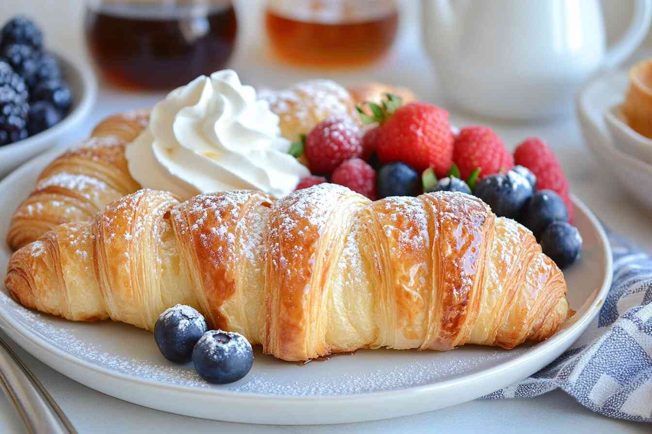 A plate of croissant French toast topped with powdered sugar, fresh whipped cream, and garnished with blueberries and raspberries