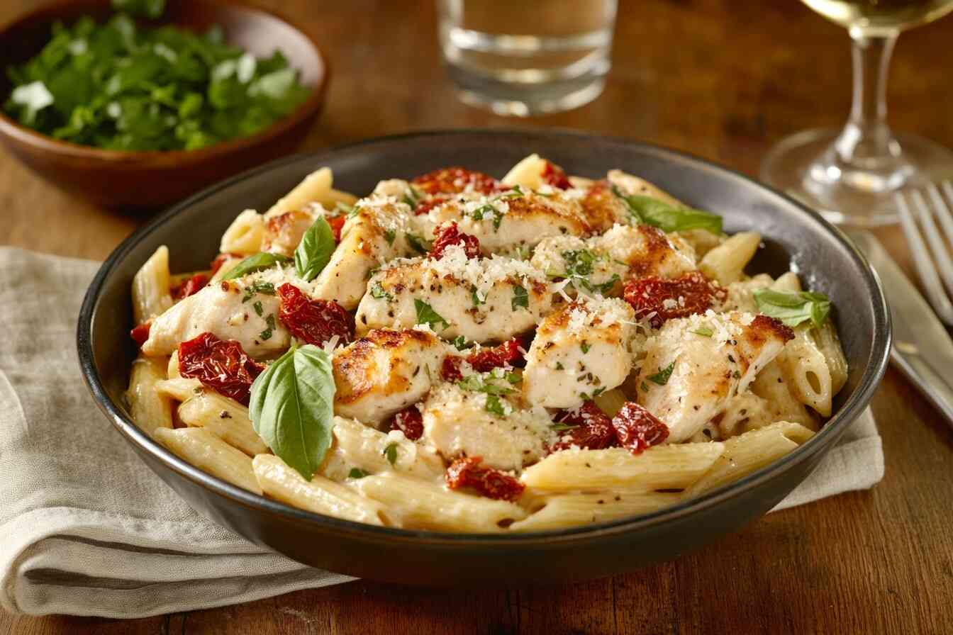 A black bowl filled with creamy Marry Me Chicken Pasta, garnished with fresh basil and sun-dried tomatoes