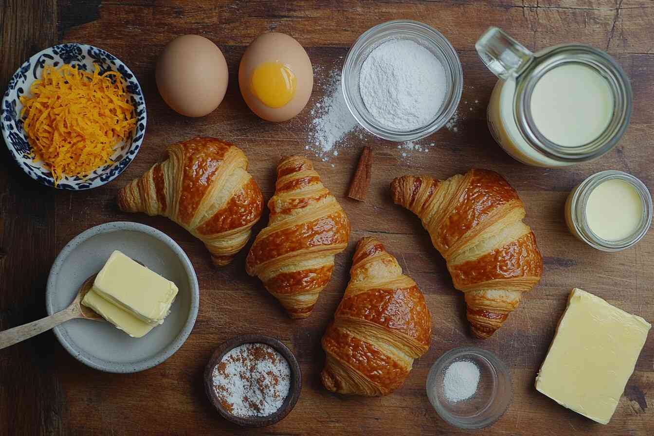 A flat-lay of ingredients for croissant French toast, including croissants, eggs, milk, butter, cinnamon, sugar, and orange zest on a wooden countertop