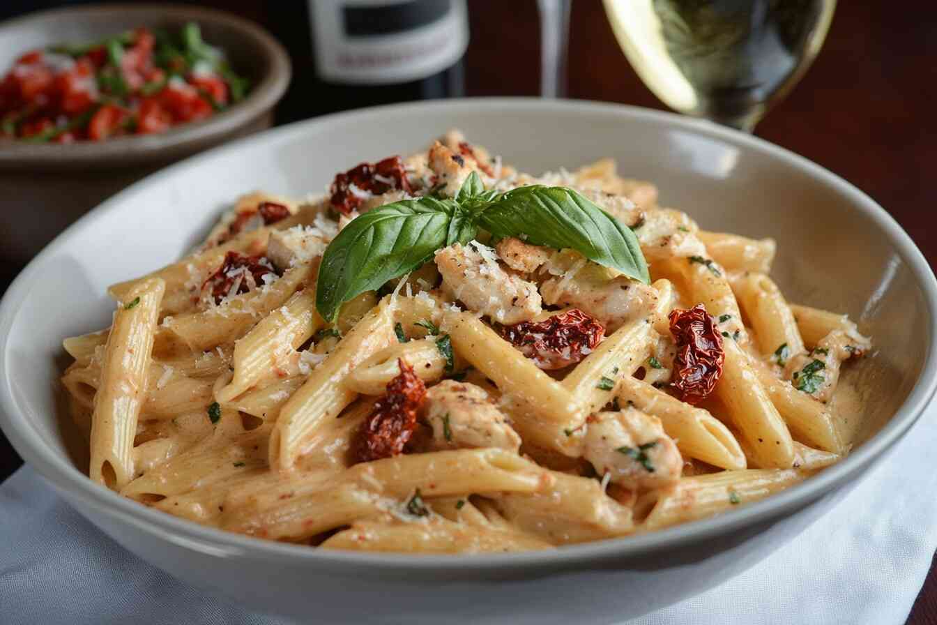 A white bowl of Marry Me Chicken Pasta topped with sun-dried tomatoes, tender chicken, and fresh basil leaves