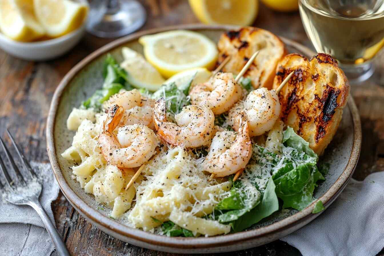 Perfect-Pairings-for-Caesar-Pasta-Salad A plate of Caesar pasta salad with grilled shrimp skewers and garlic bread on a wooden table