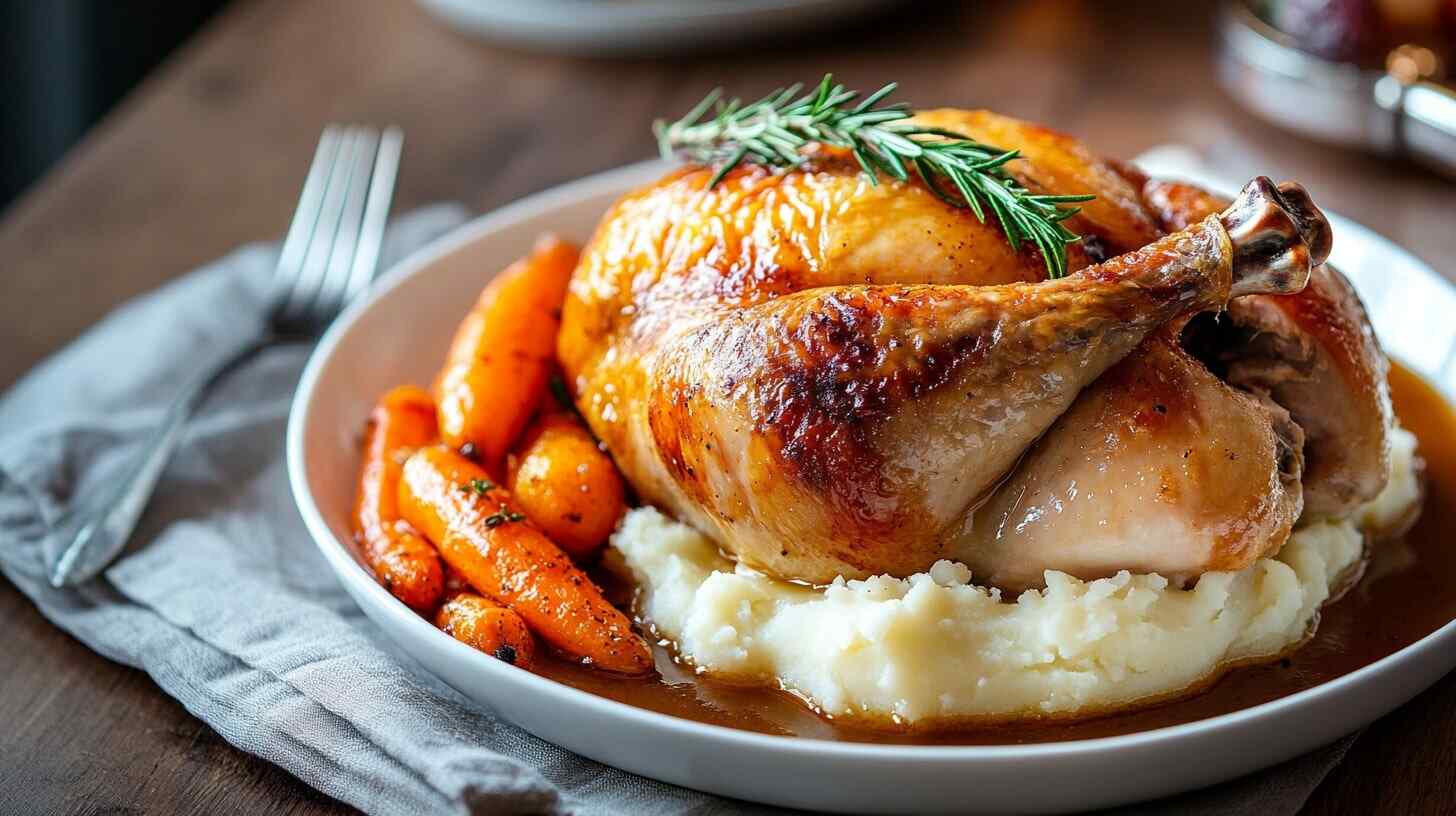 Roasted half chicken served with mashed potatoes, roasted carrots, and gravy, garnished with rosemary on a white plate