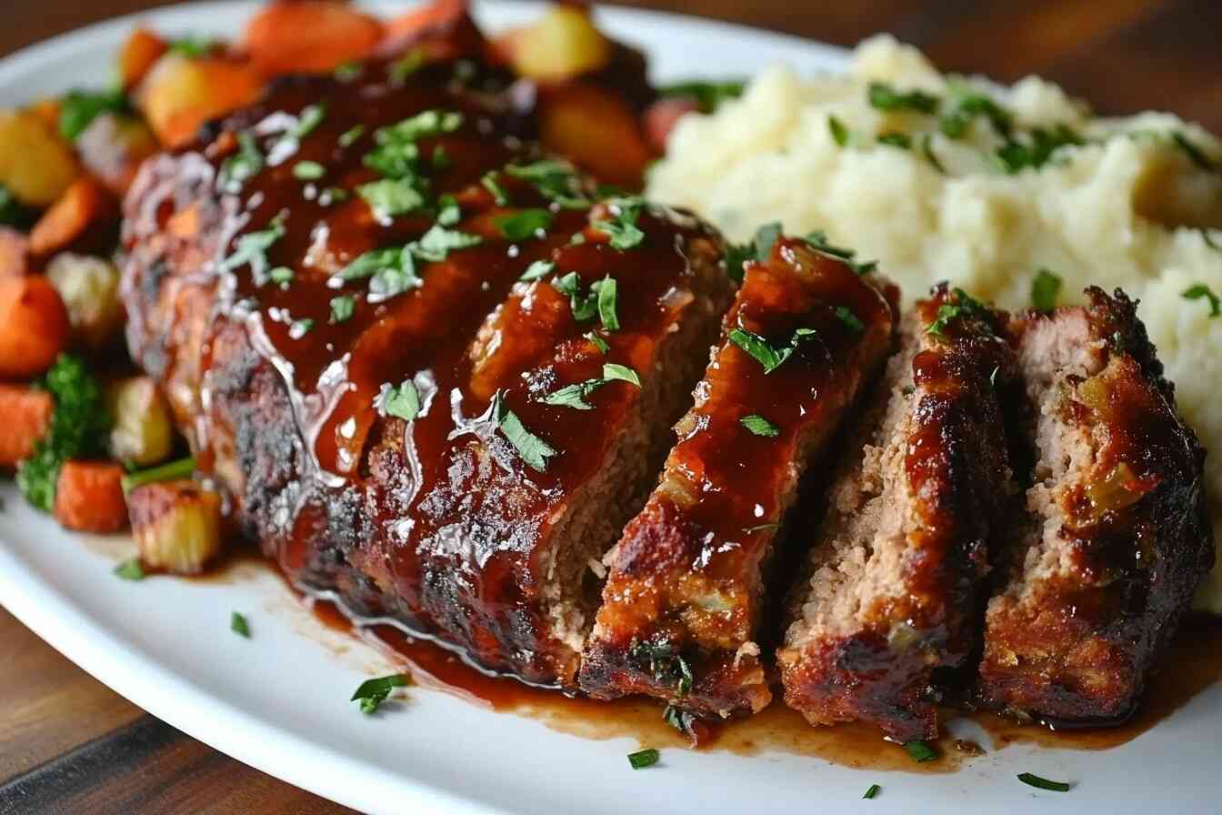 A sliced Stove Top Stuffing Meatloaf topped with a caramelized ketchup glaze, served with mashed potatoes and roasted vegetables.