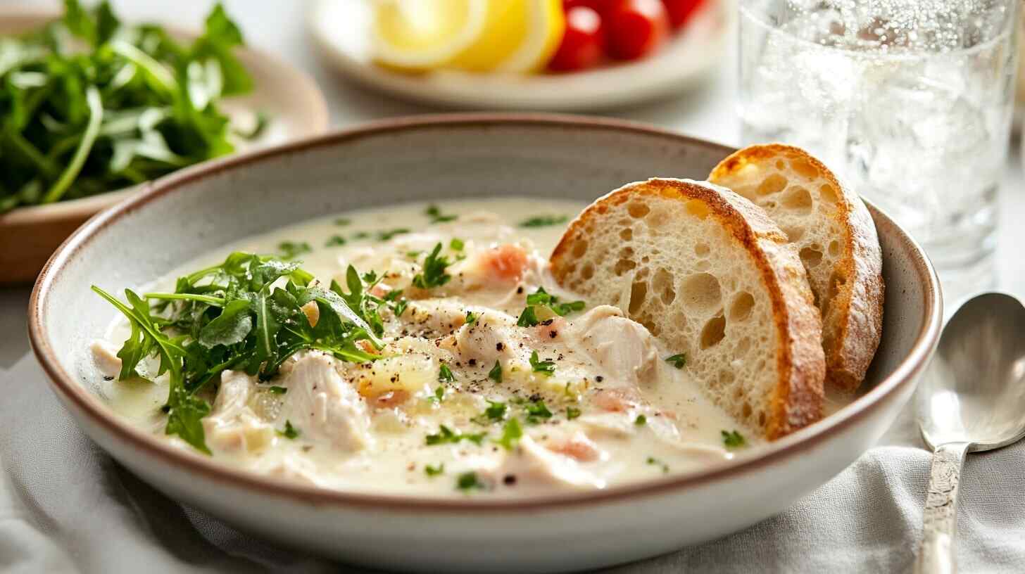 A bowl of creamy chicken soup with garnishes of parmesan and parsley, served with bread and a salad