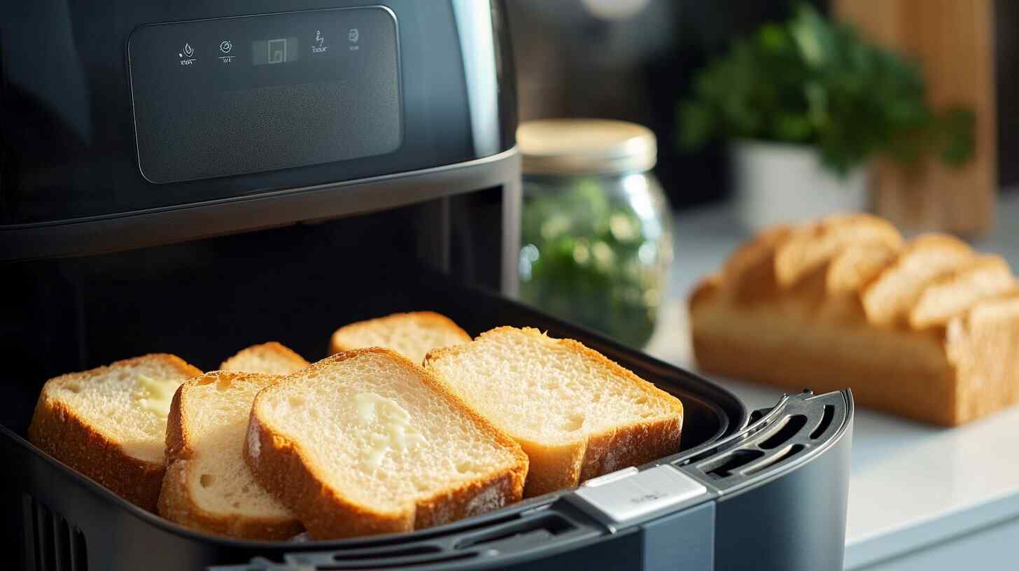 air-fryer-toast-in-the-making Slices of buttered bread turning golden brown in an air fryer basket on a sleek kitchen countertop, with parsley and bread in the background.