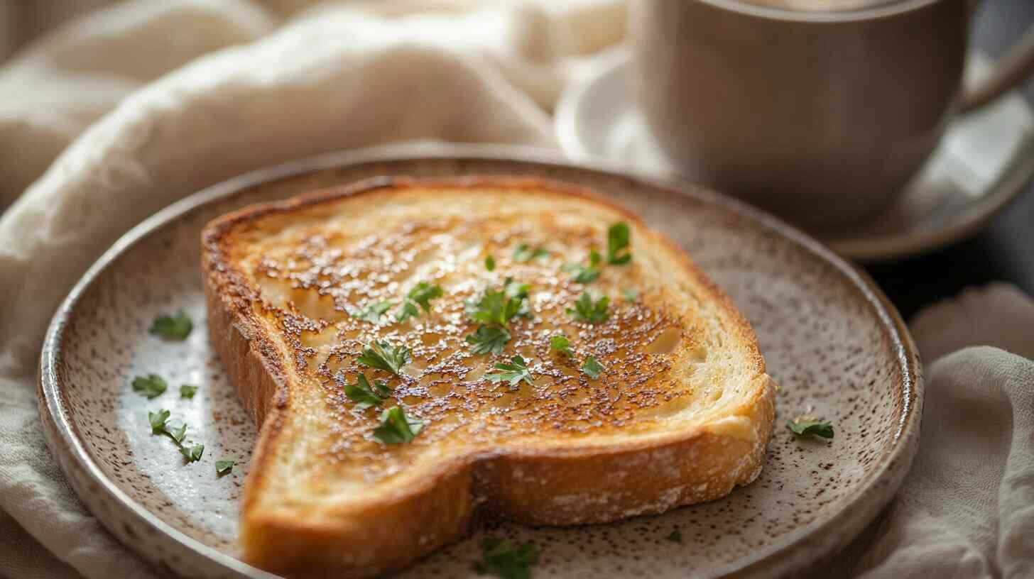 A golden-brown slice of air fryer toast, garnished with parsley and served on a ceramic plate with a cup of coffee, bathed in soft natural light.