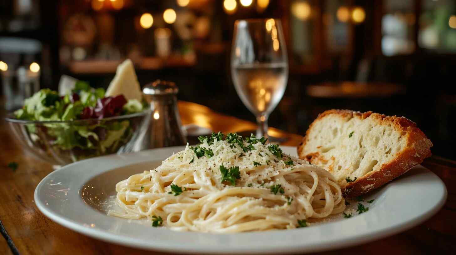 alfredo-spaghetti-with-pairings A plate of Alfredo spaghetti with parsley and Parmesan, accompanied by a salad and garlic bread on a dining table