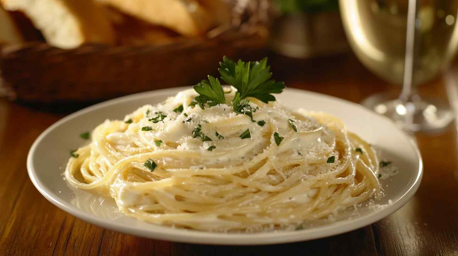 A plate of Alfredo spaghetti garnished with Parmesan and parsley on a wooden table, with wine and breadsticks in the background