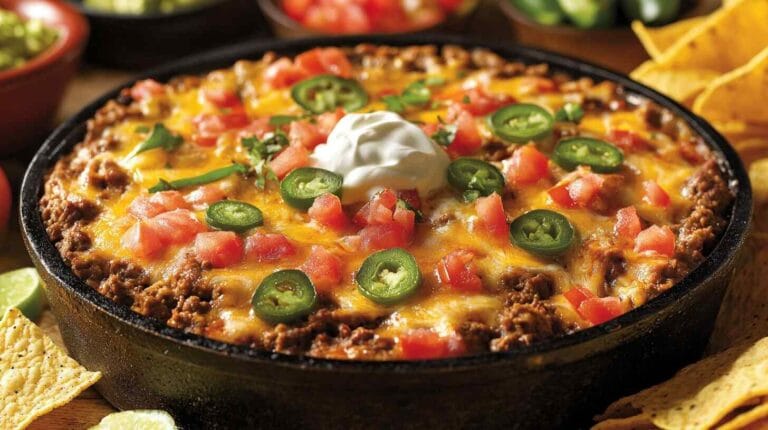 A skillet of beef taco dip topped with melted cheese, tomatoes, green onions, and jalapeños, served with chips and guacamole