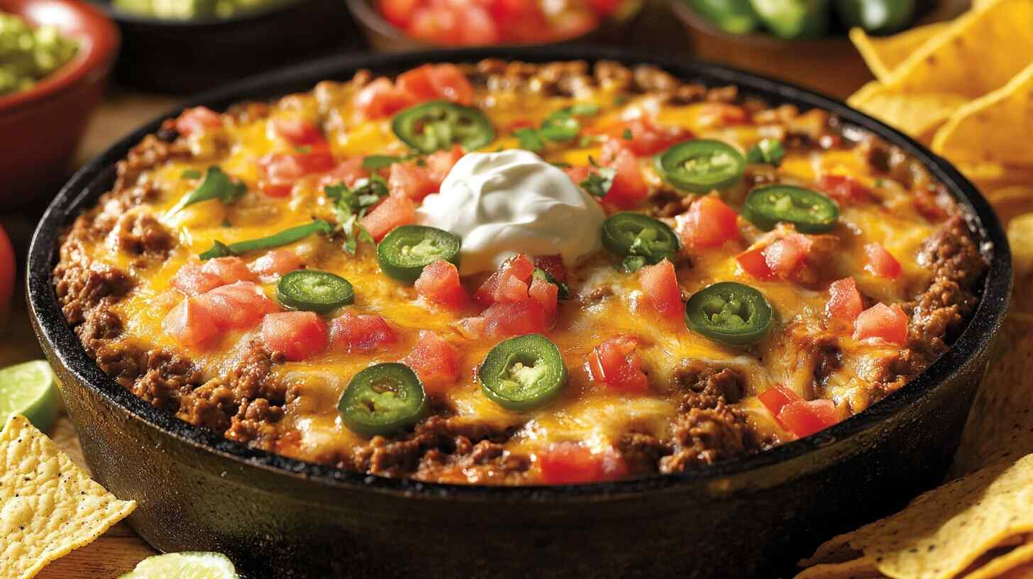 A skillet of beef taco dip topped with melted cheese, tomatoes, green onions, and jalapeños, served with chips and guacamole