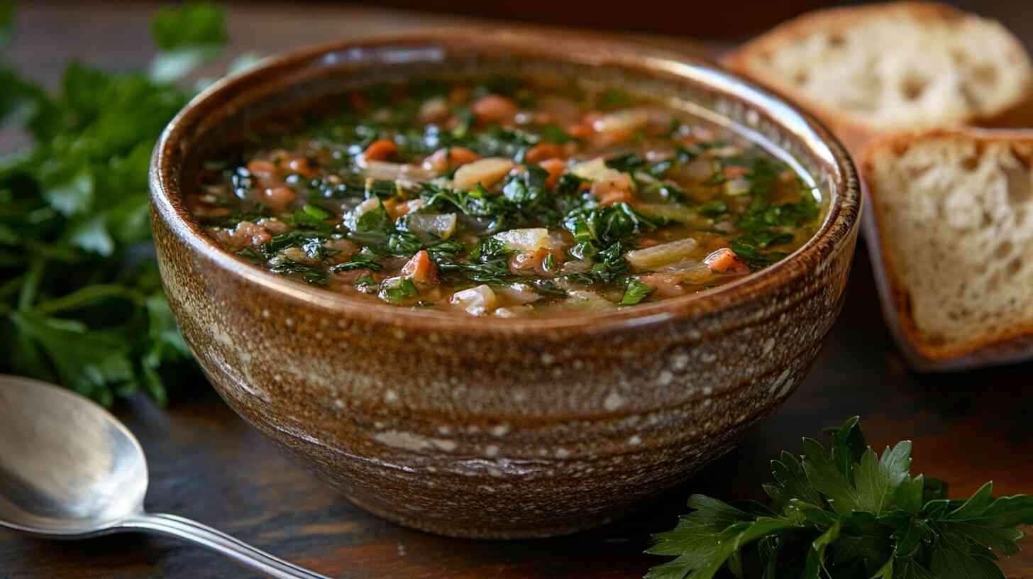 A bowl of swamp soup garnished with sour cream, croutons, and herbs, served with crusty bread