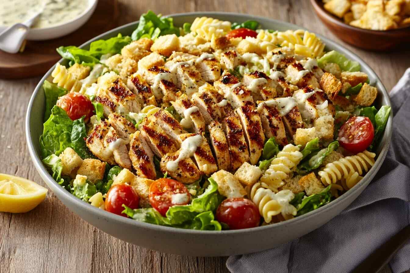 A bowl of Caesar pasta salad with rotini pasta, lettuce, cherry tomatoes, croutons, grilled chicken, and Parmesan