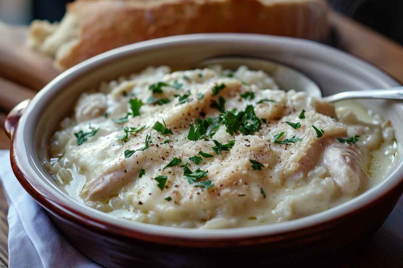 A bowl of creamy chicken and rice topped with parsley and Parmesan, served with crusty bread on a wooden table