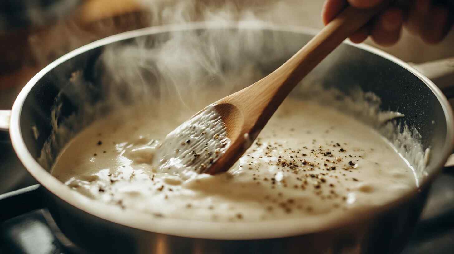 Stirring fresh Parmesan into the sauce brings out the signature creaminess of Alfredo A saucepan on a stovetop with Alfredo sauce being stirred, Parmesan cheese being grated in, and steam rising