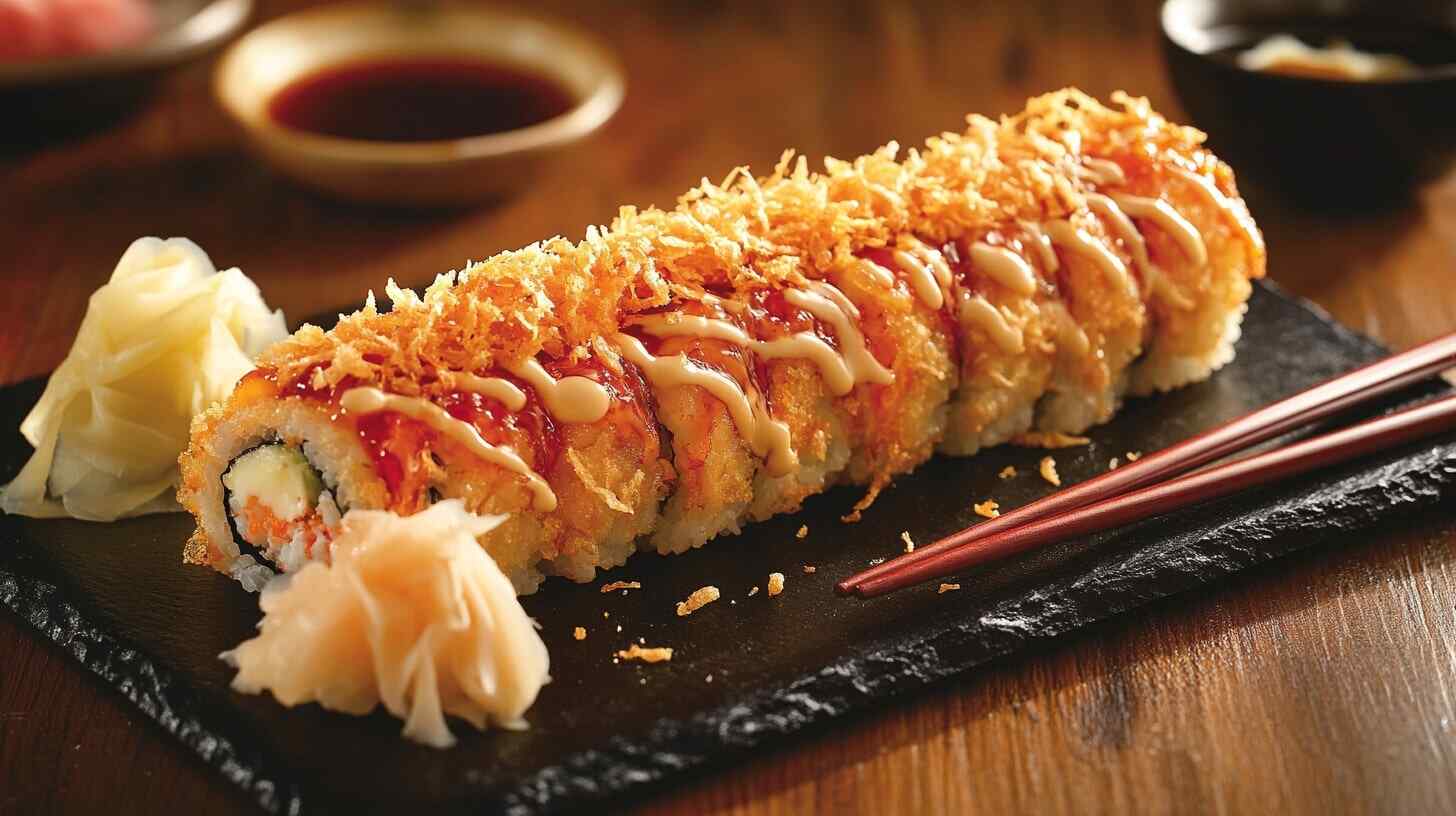 Crunchy roll sushi plated on a slate plate, topped with tempura flakes, spicy mayo, and eel sauce, garnished with ginger, wasabi, and soy sauce.