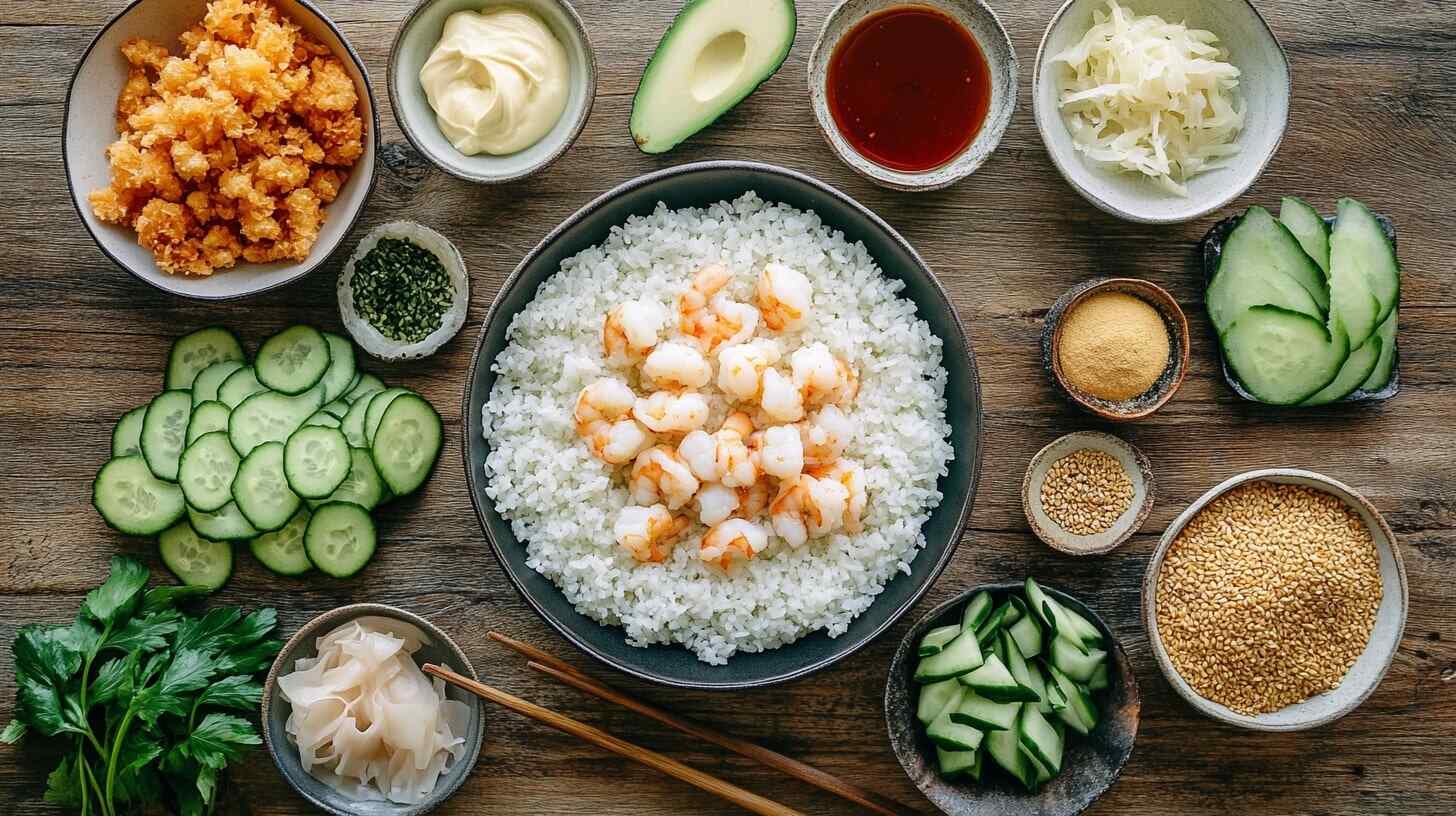 Sushi ingredients: sushi rice, nori sheets, shrimp tempura, avocado, cucumber, and panko breadcrumbs arranged on a wooden surface.