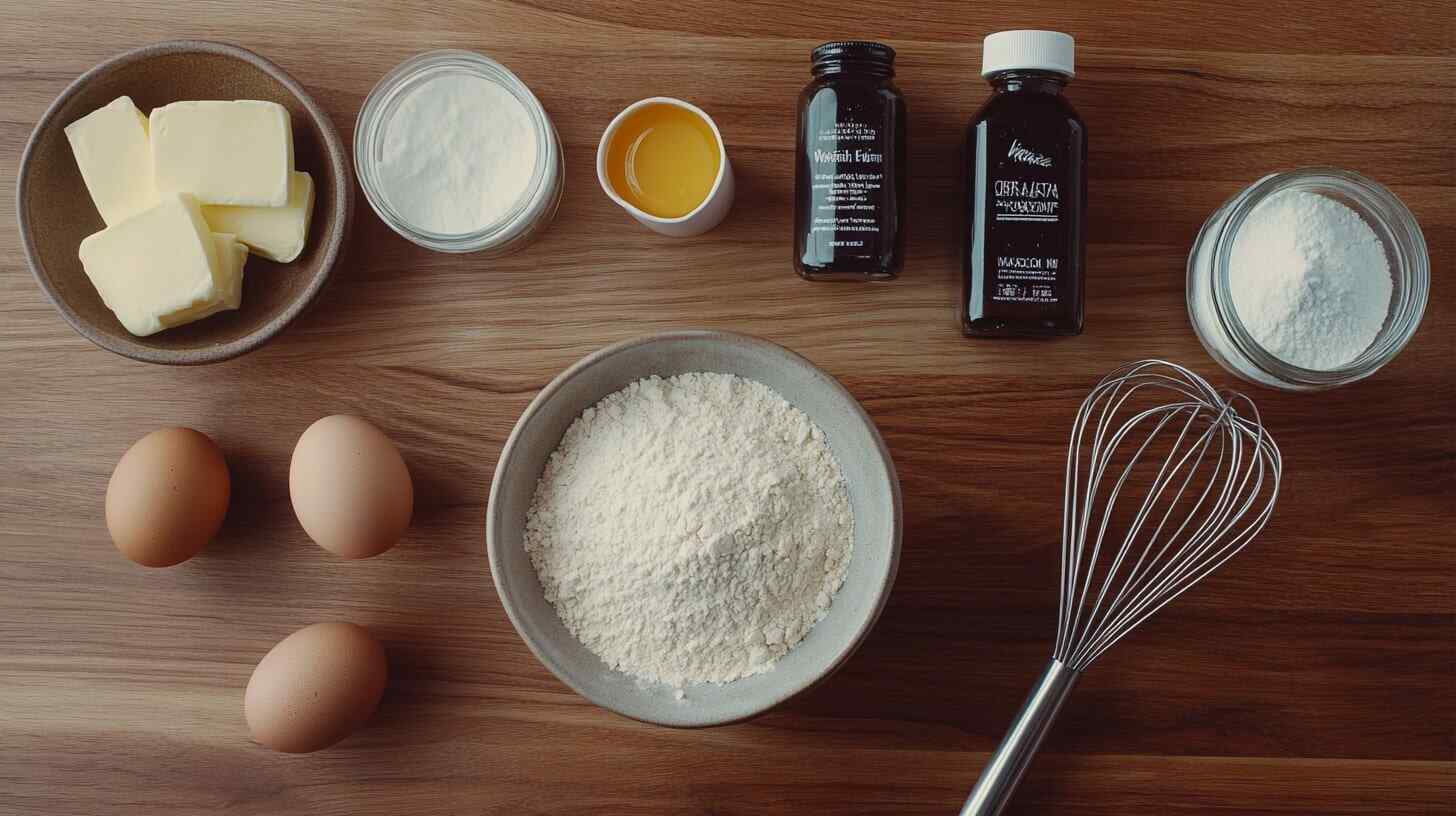 Ingredients for waffle cookies on a wooden counter: flour, butter, eggs, vanilla extract, and sugar, with a whisk nearby