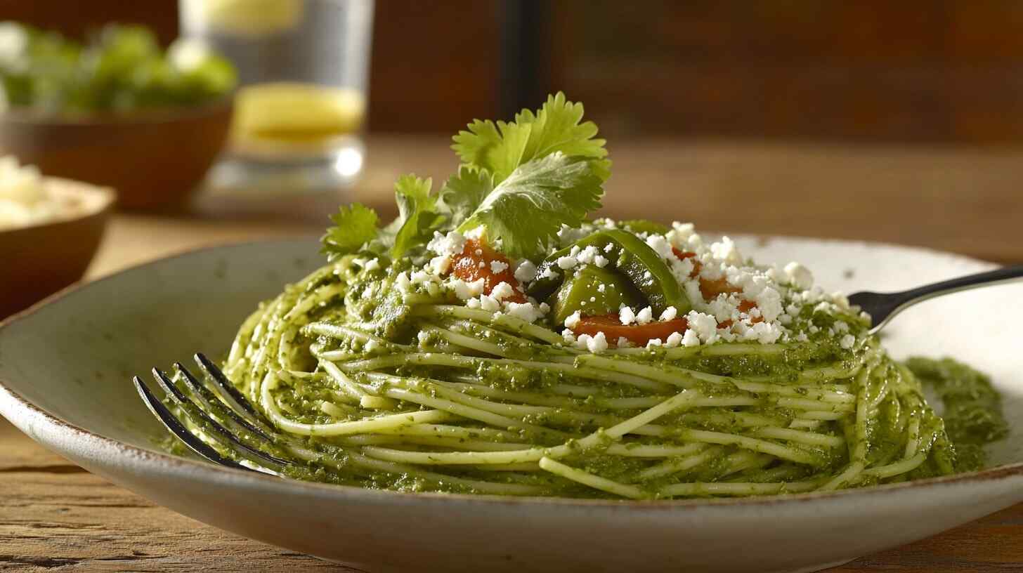 A plate of green spaghetti with vibrant sauce, garnished with cilantro, cotija cheese, and poblano strips, served on a white dish