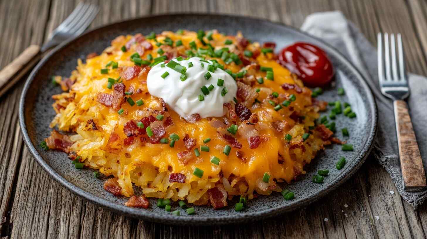 Air-fried hash browns loaded with cheddar cheese, bacon bits, sour cream, and chives, served on a rustic wooden table