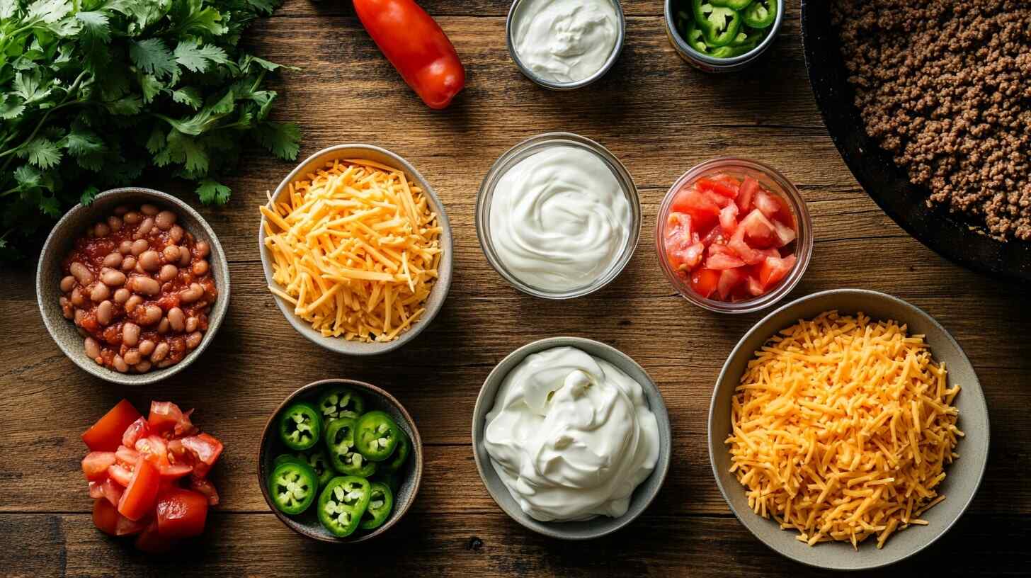 Ground beef, shredded cheese, taco seasoning, refried beans, and fresh toppings arranged on a wooden countertop