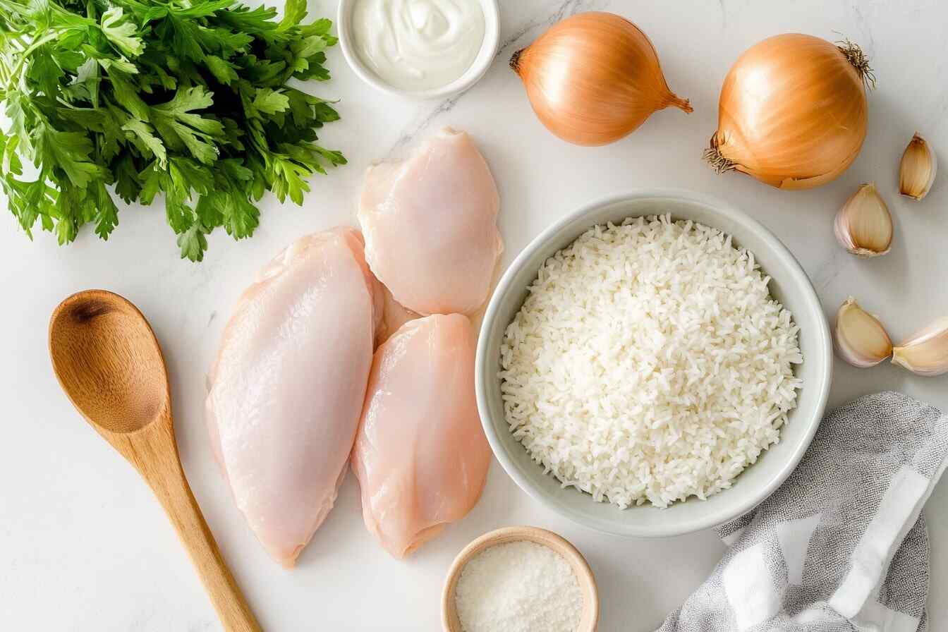 Ingredients for creamy chicken and rice including raw chicken, rice, cream, garlic, onion, parsley, chicken stock, and Parmesan