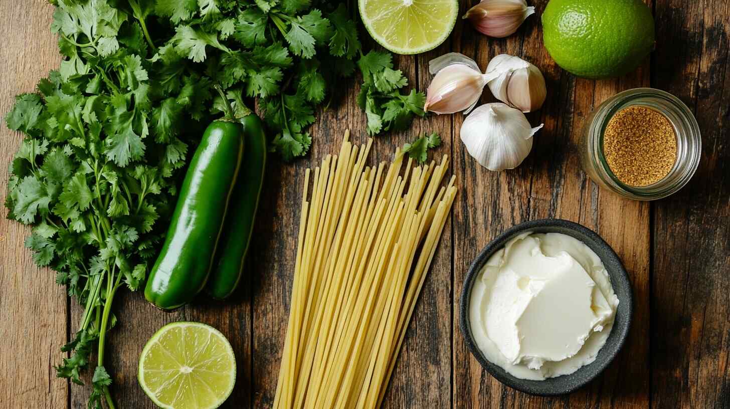 Ingredients for green spaghetti laid out on a wooden surface, including poblano peppers, cilantro, garlic, crema, cream cheese, and uncooked pasta