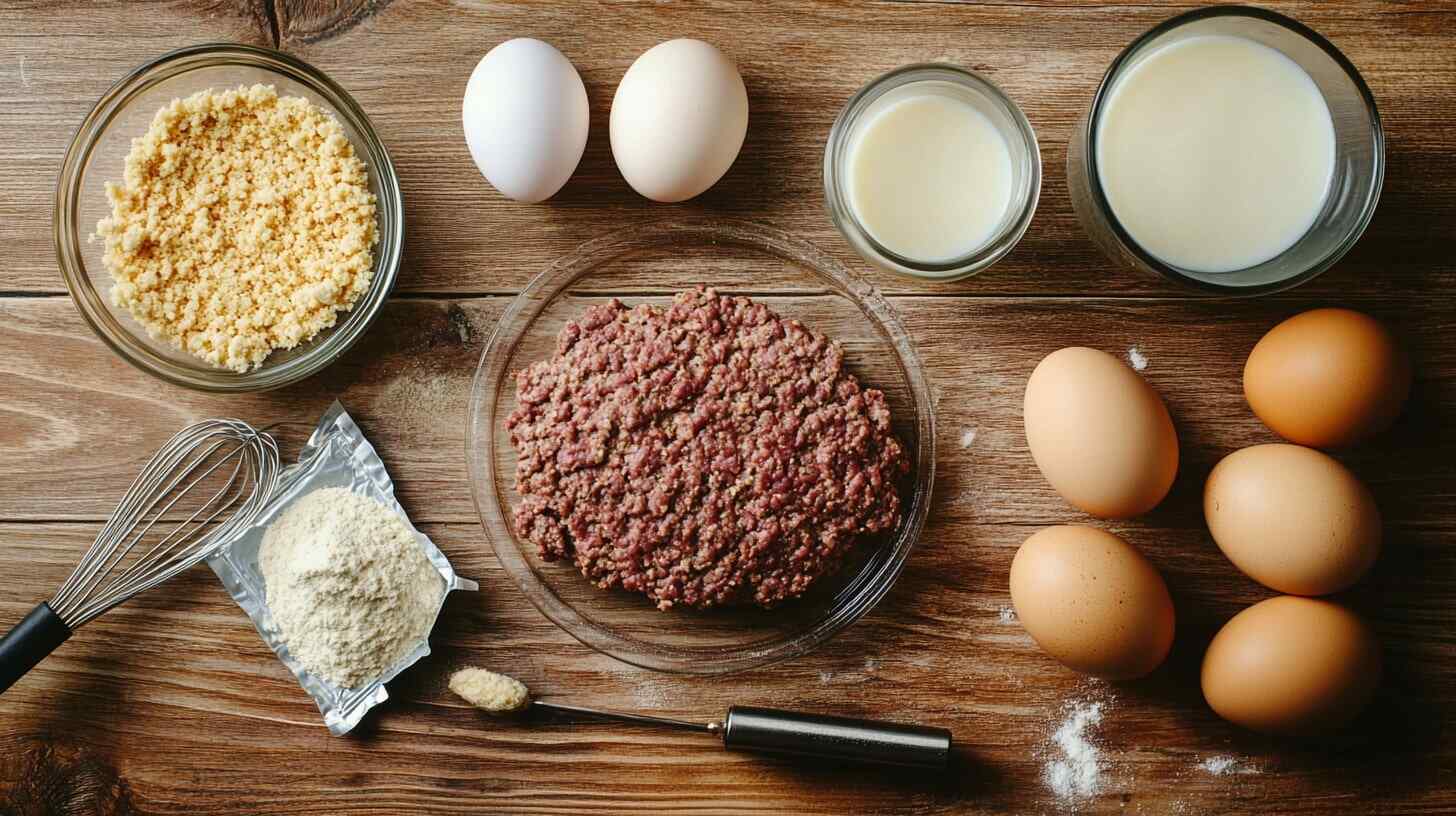 Ingredients for Lipton Onion Soup Meatloaf on a wooden countertop: beef, onion soup mix, eggs, breadcrumbs, and milk