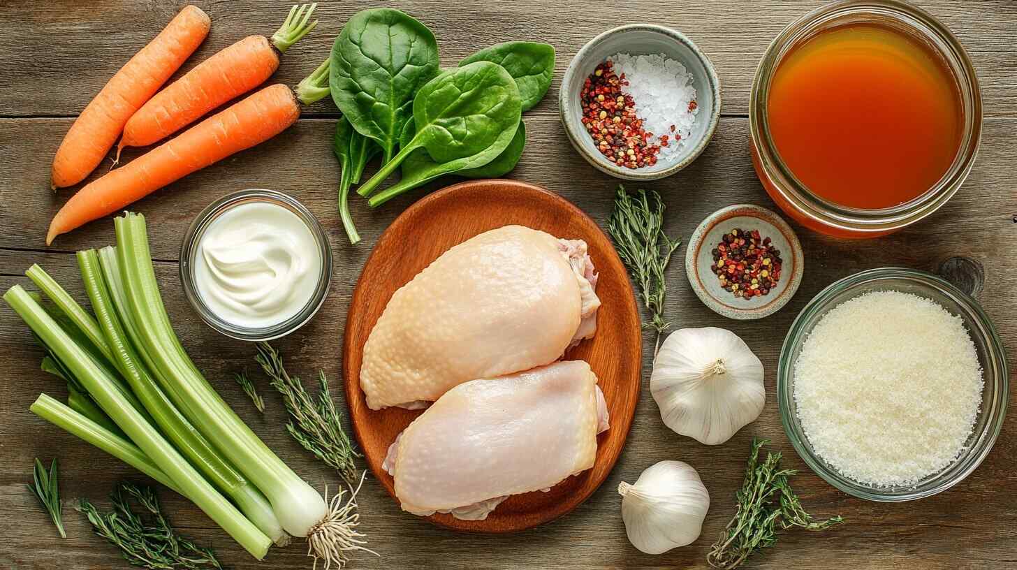 Ingredients for marry me chicken soup, including chicken thighs, carrots, spinach, cream, and fresh herbs, arranged on a wooden counter