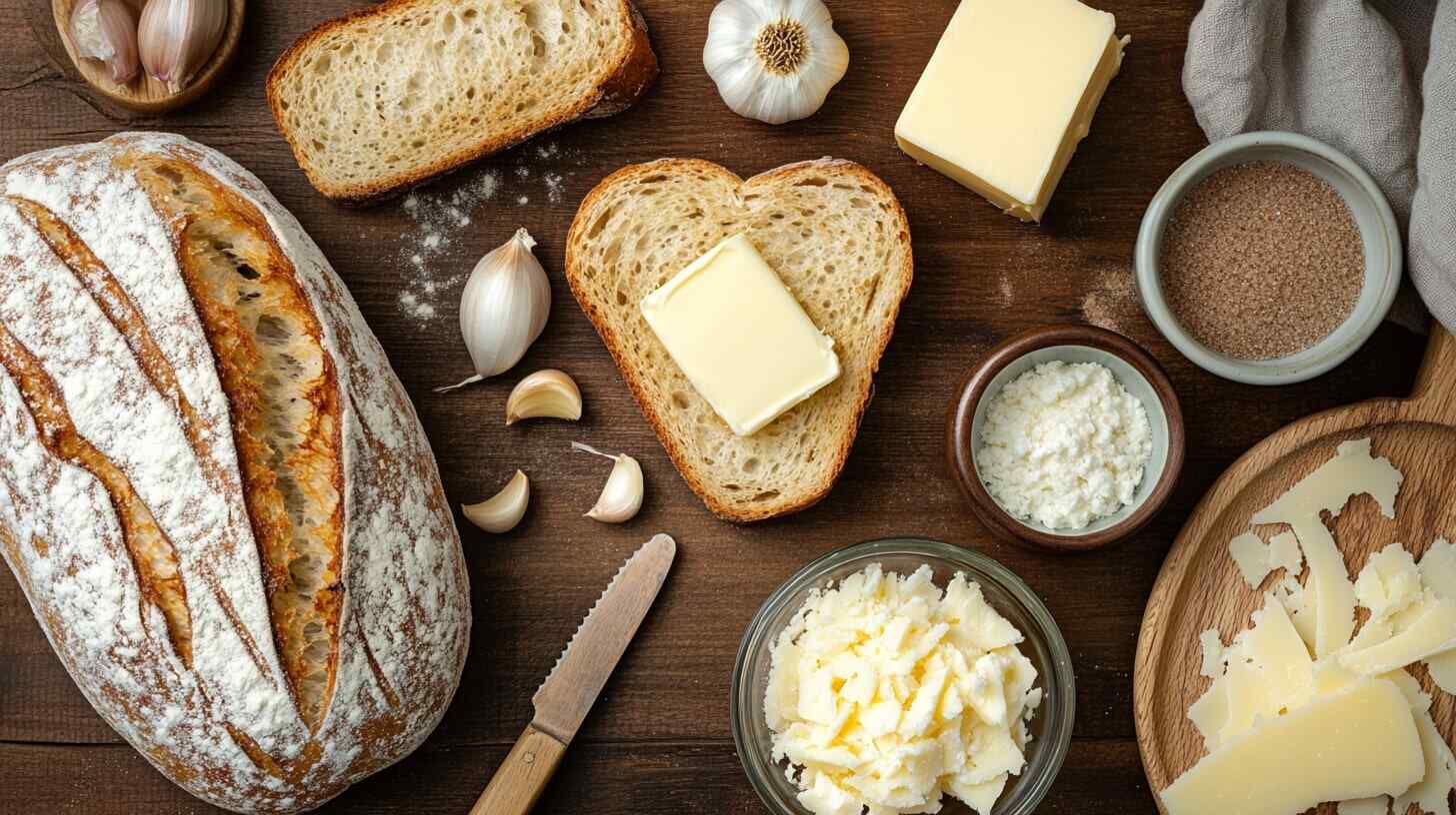 A flat-lay of toast ingredients on a wooden countertop, featuring bread, butter, garlic, cinnamon sugar, and mozzarella cheese, with a butter knife nearby.