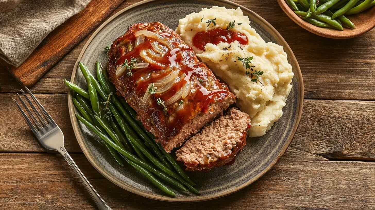 A plated Lipton Onion Soup Meatloaf with ketchup glaze, mashed potatoes, and green beans on a rustic table