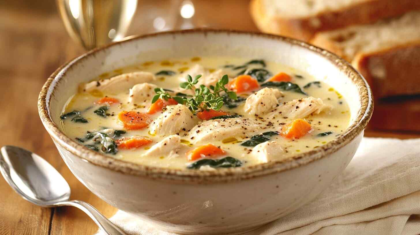 A bowl of creamy chicken soup with chunks of chicken, spinach, and carrots, garnished with thyme and served with bread