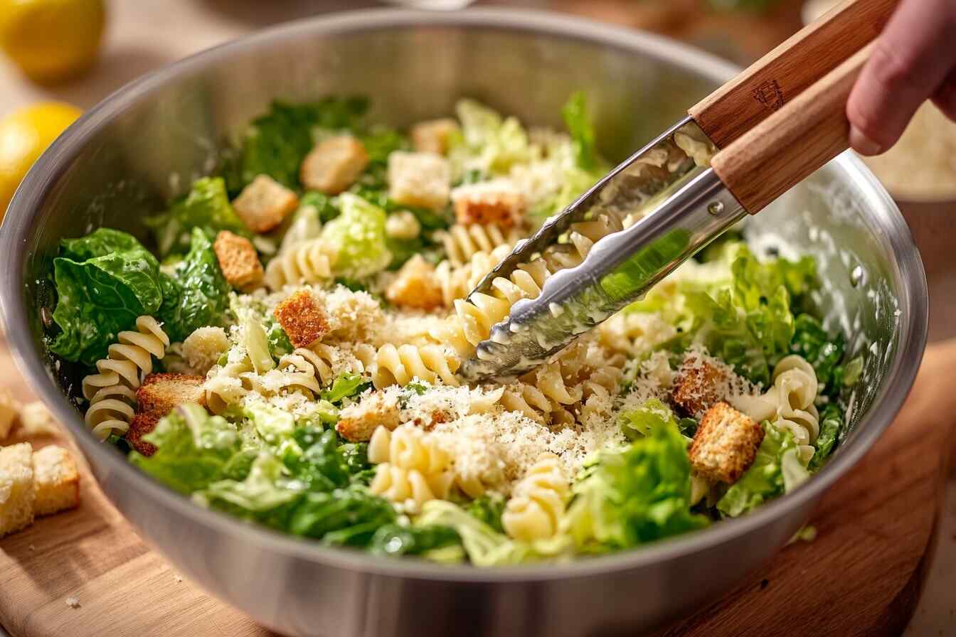 Caesar pasta salad in a bowl being tossed with wooden tongs, featuring lettuce, pasta, croutons, and Parmesan