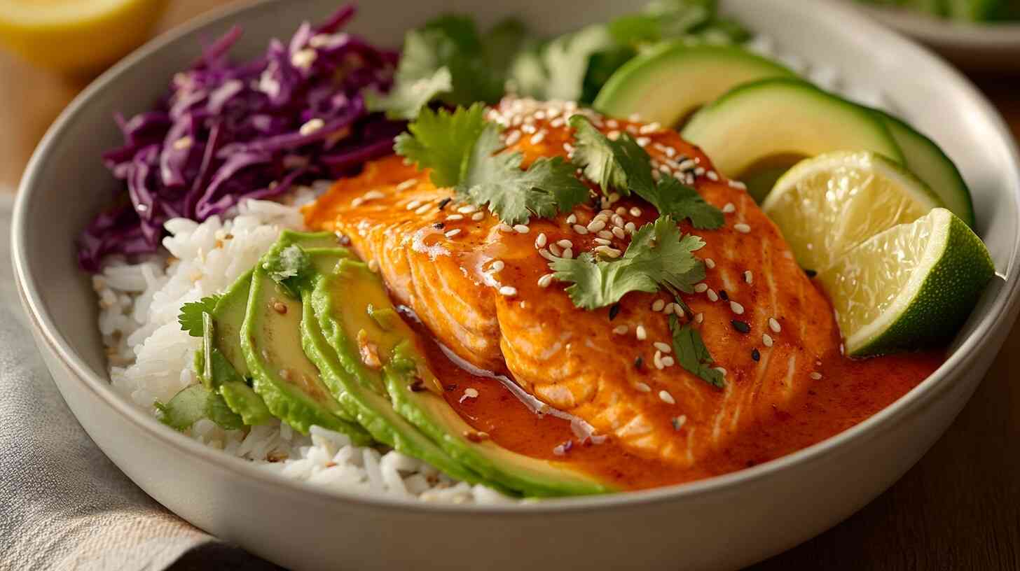 A cooked salmon bowl with rice, avocado, carrots, cucumber, and pickled cabbage, garnished with sesame seeds and sriracha mayo