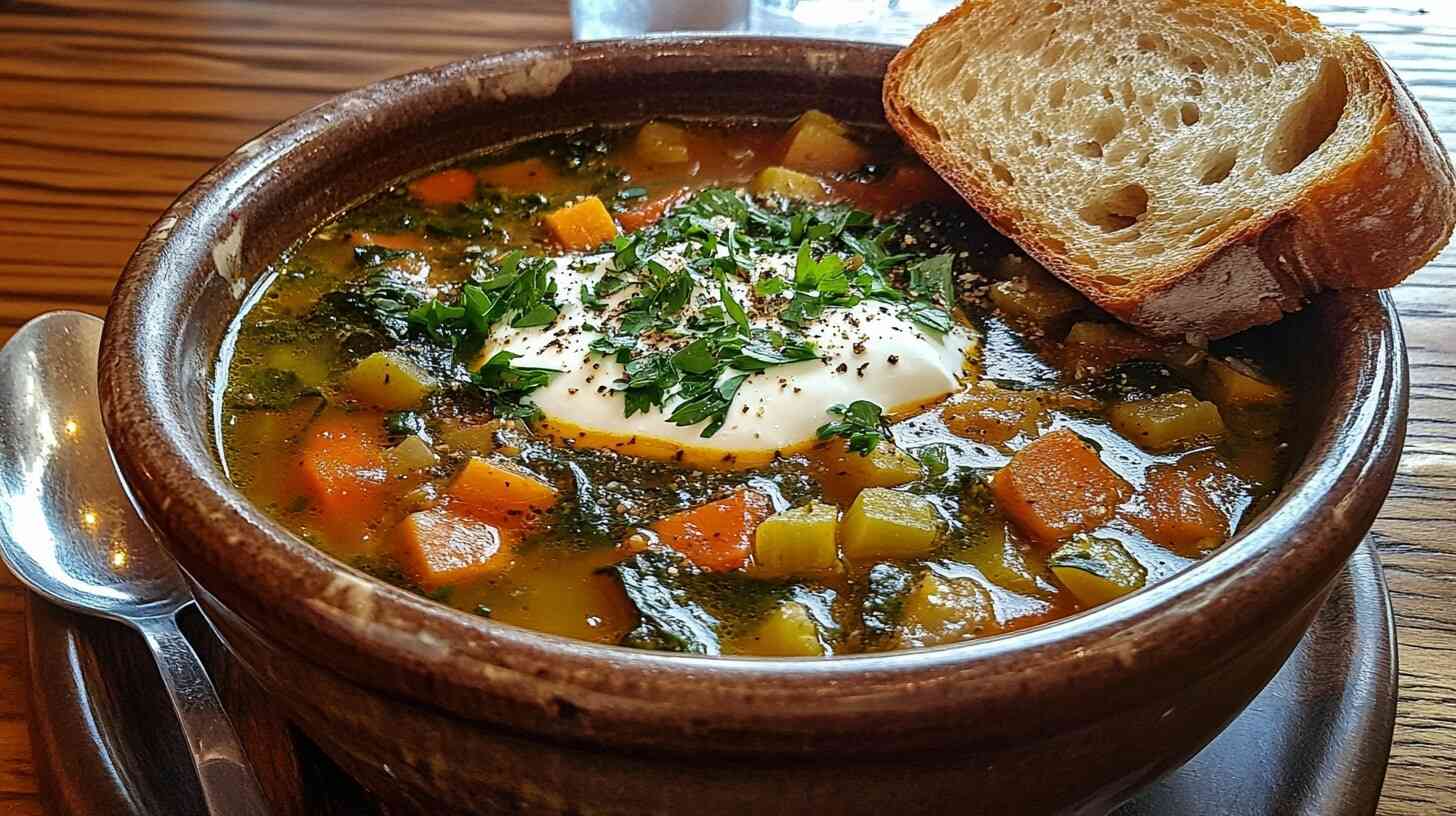 A partially assembled bowl of swamp soup surrounded by fresh vegetables and spices in a cozy kitchen.