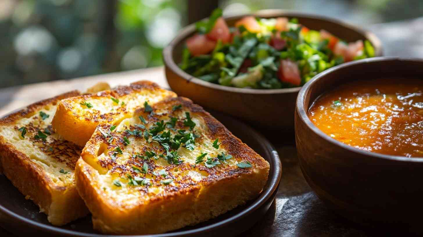 A plate of golden-brown Texas toast garnished with parsley, served with a steaming bowl of tomato soup and a fresh green salad on a cozy dining table