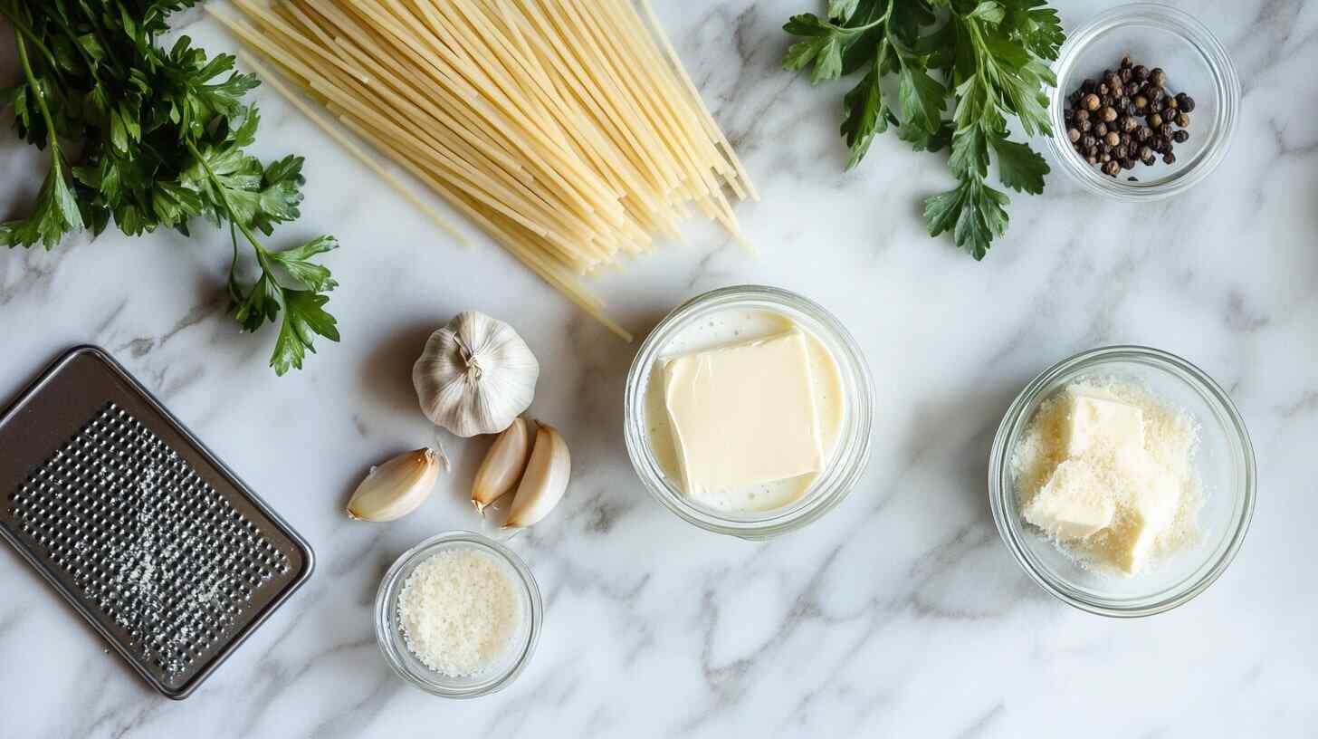 Parmesan cheese, butter, cream, garlic, and spaghetti on a marble countertop, arranged neatly with parsley and black pepper