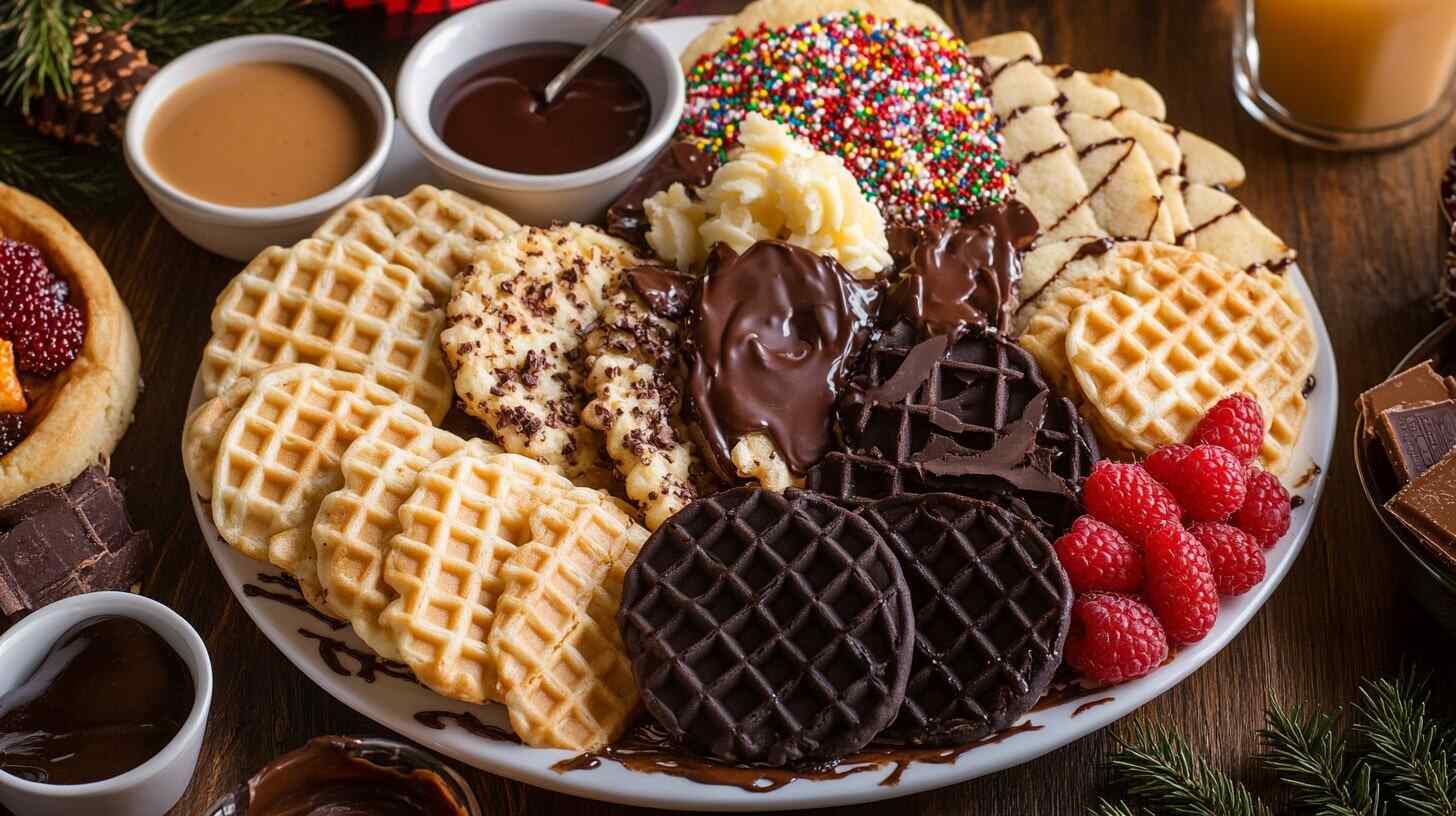 A platter of waffle cookies in various styles with chocolate and caramel dips, garnished with fruit