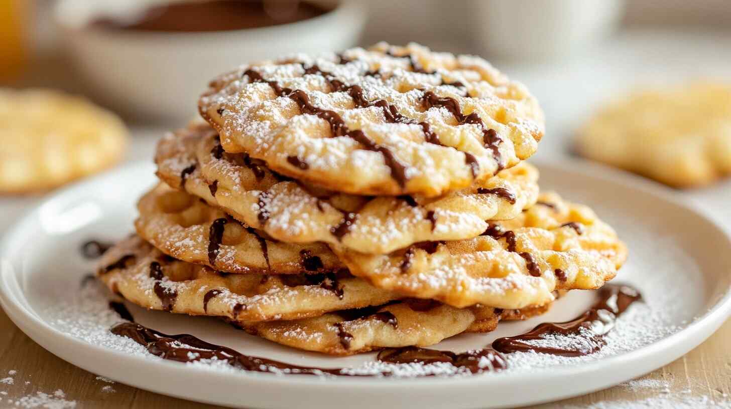 Golden-brown waffle cookies stacked on a plate, drizzled with chocolate sauce and sprinkled with powdered sugar