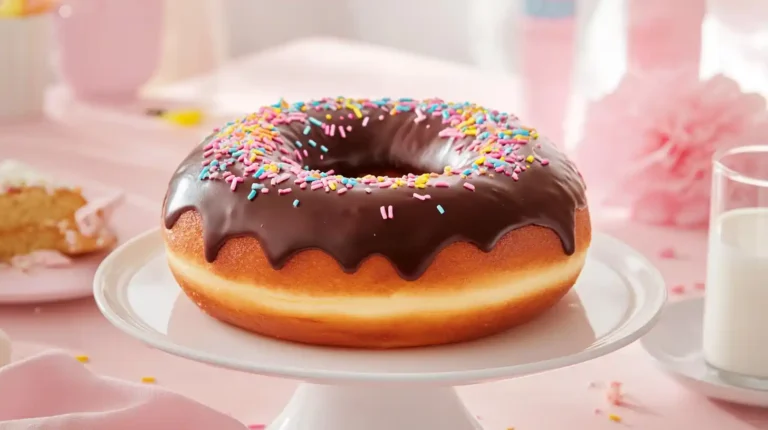 A chocolate-glazed donut cake with rainbow sprinkles on a white cake stand surrounded by celebratory decorations.