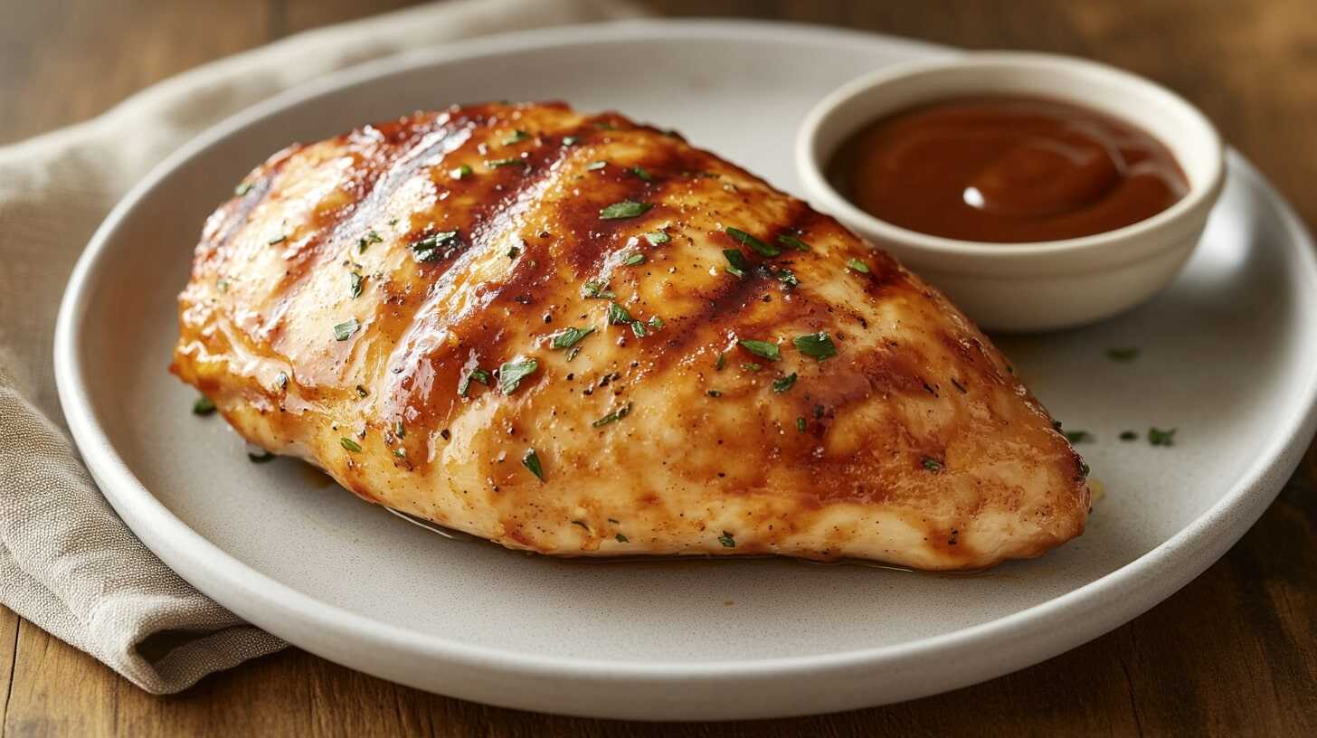 A golden-brown chicken breast garnished with parsley, served on a white plate with dipping sauce on a rustic table.