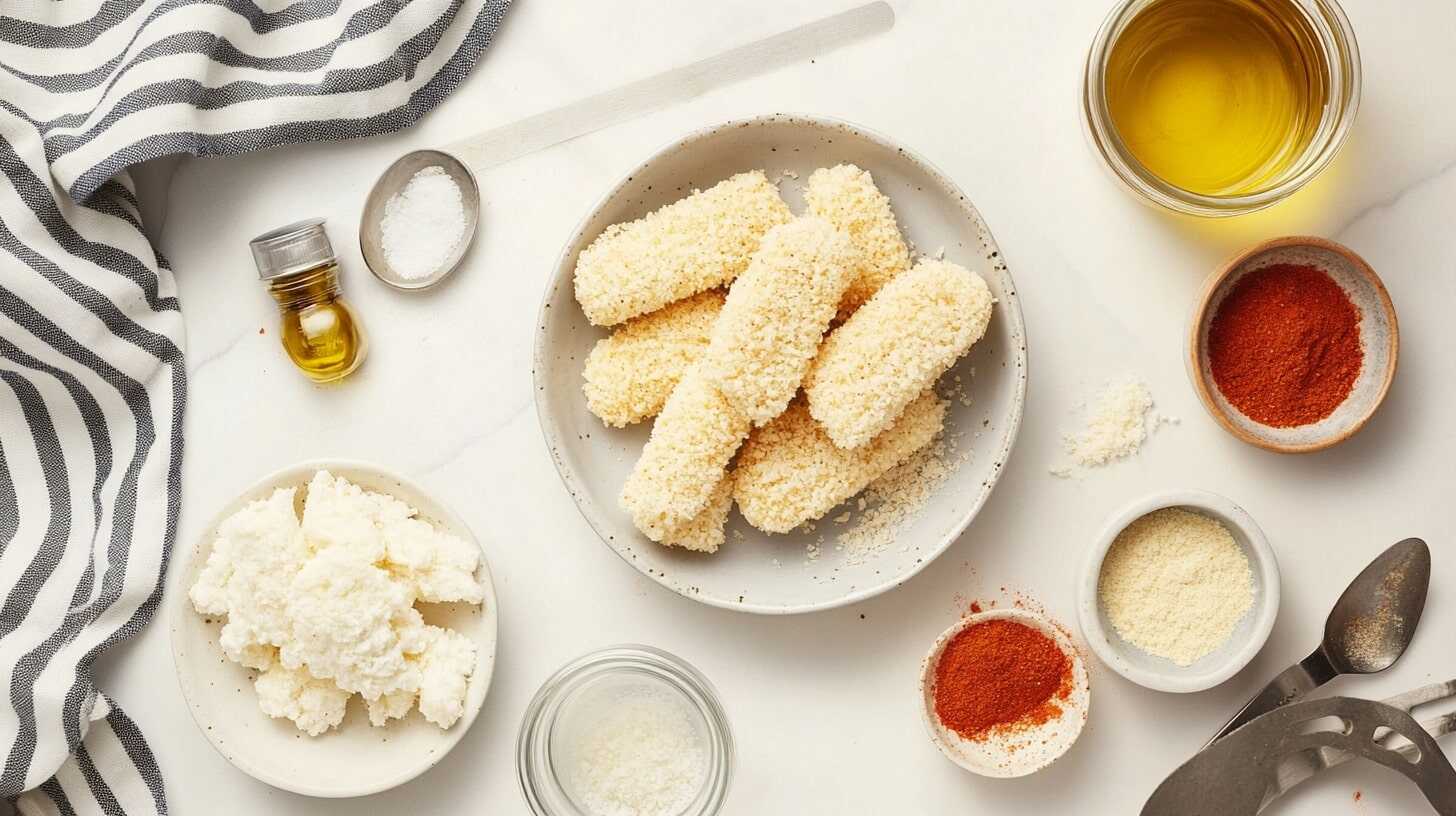 Flat lay of ingredients for air-fried fish sticks, including frozen fish sticks, breadcrumbs, Parmesan cheese, and seasonings