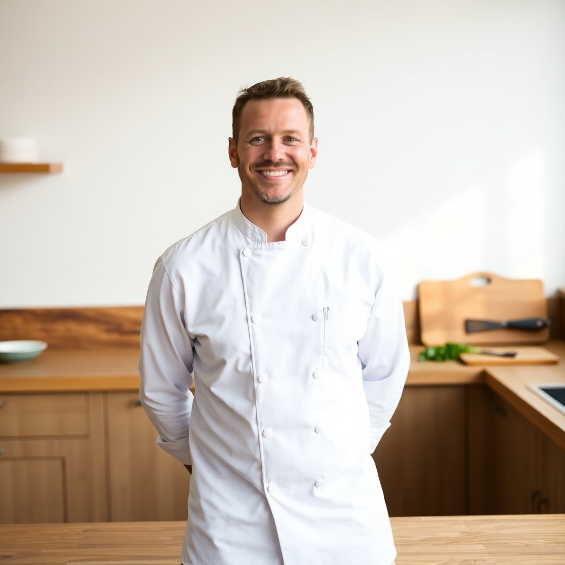 A smiling male chef in his mid-30s, wearing a clean white chef’s coat, standing in a modern kitchen with wooden countertops and subtle decor in the background