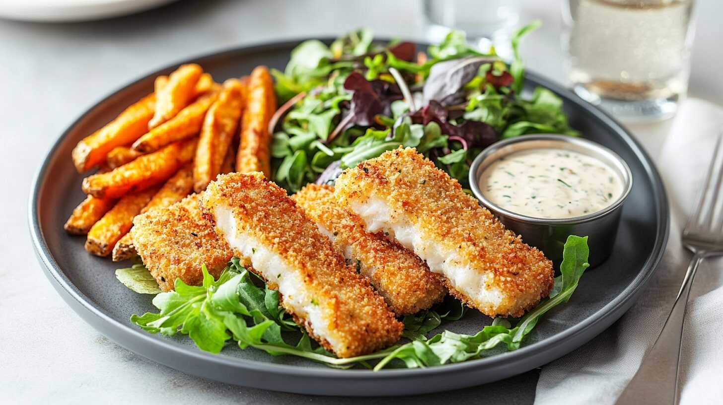 Plated air-fried fish sticks with a green salad, sweet potato fries, and dipping sauce on a dining table