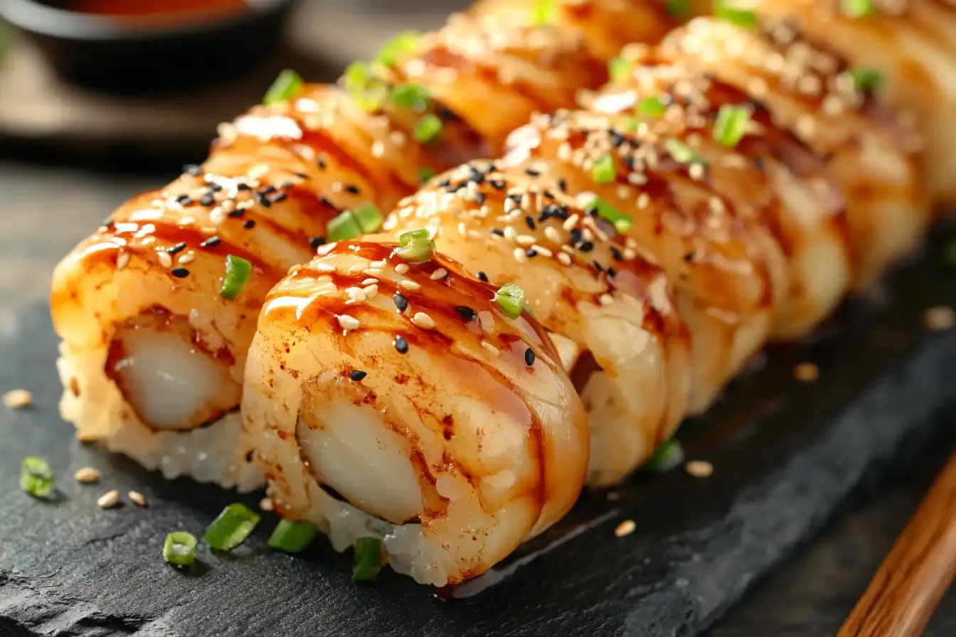 Volcano roll sushi topped with spicy mayo, baked scallops, and garnishes on a slate serving board