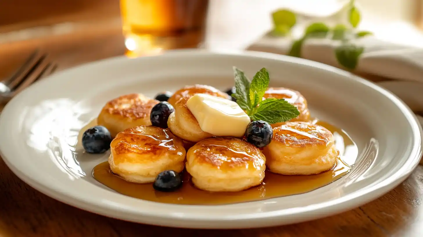 A stack of golden mini pancakes with butter, syrup, and fresh blueberries